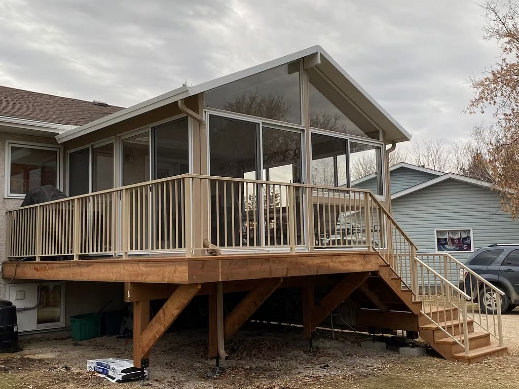 sandalwood and white gable sunroom by SunCo in Stonewall, Manitoba