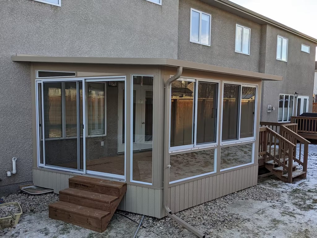 Sandalwood and white studio sunroom by SunCo in Dakota Crossings, Winnipeg