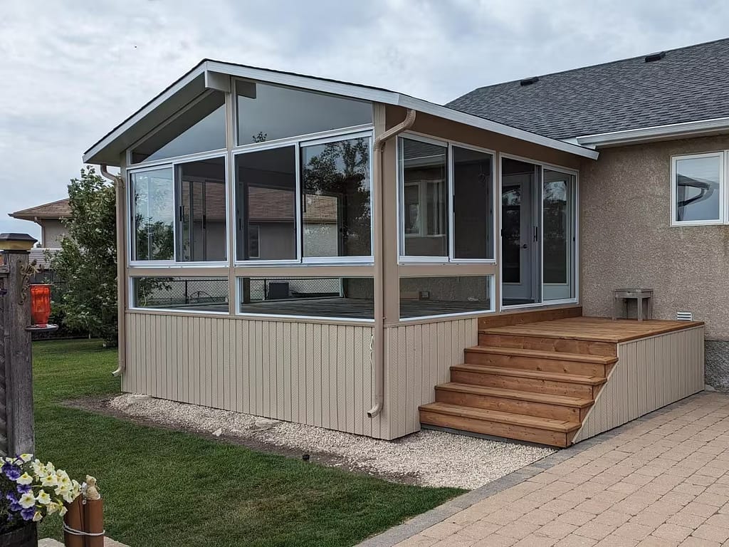 sandalwood and white gable sunroom by SunCo in Stonewall, Manitoba